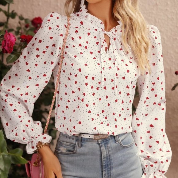Heart & Polka Dot Frill Trim Tie Neck Flounce Sleeve Blouse - Picture 4 of 5
